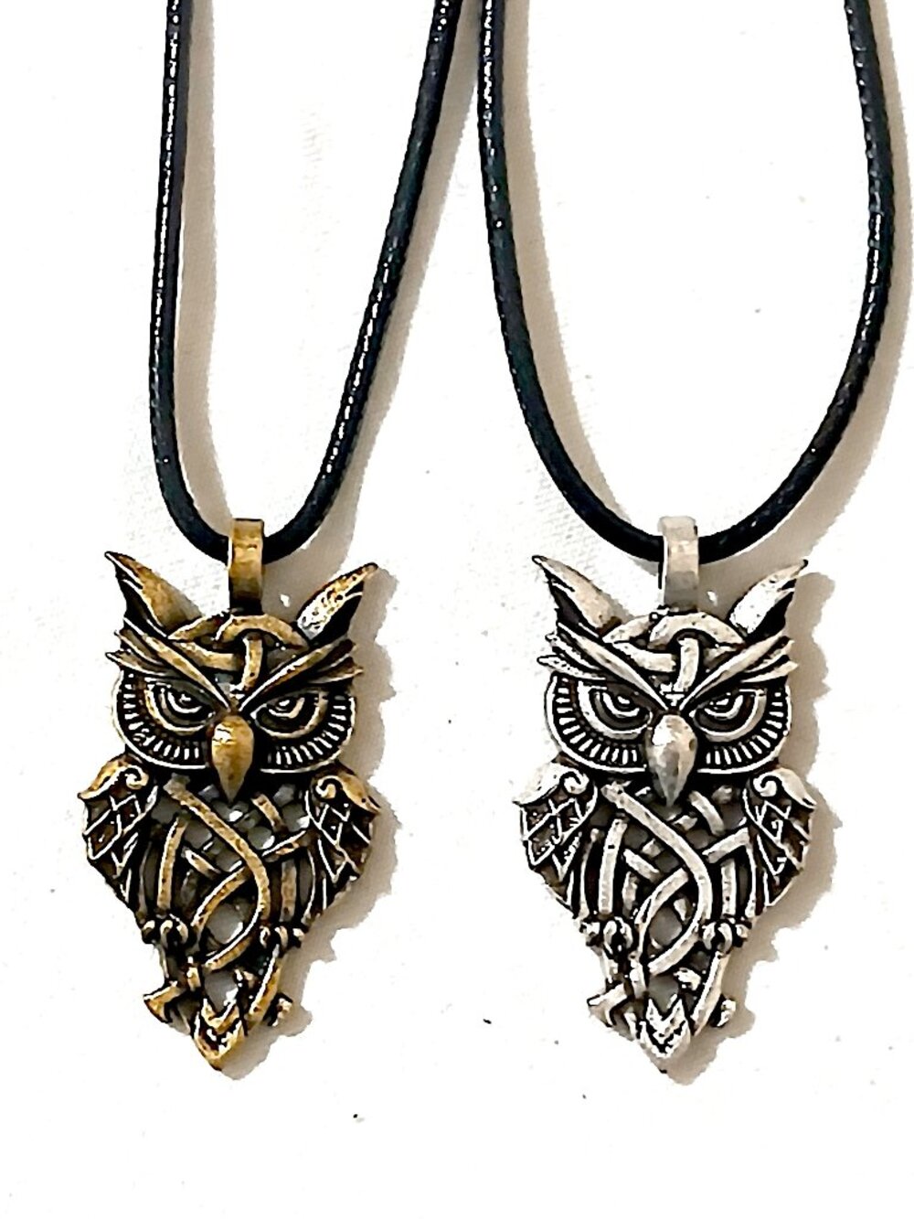 Celtic Owl Pendant Necklace – Silver or Bronze Gold Tone – Black Cord Fantasy